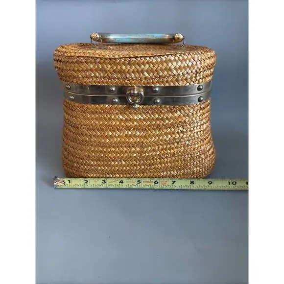 Vtg Straw Purse Oval Box Handbag Fabric Lined 1950s/ 1960s Italy - Read Details - Picture 13 of 15